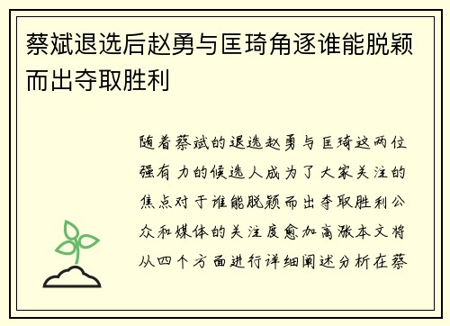 蔡斌退选后赵勇与匡琦角逐谁能脱颖而出夺取胜利
